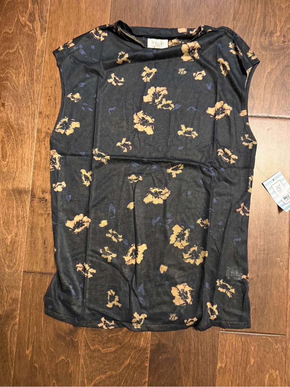 Sleeveless Black Floral Tank Top with Tan Accents - Unbranded